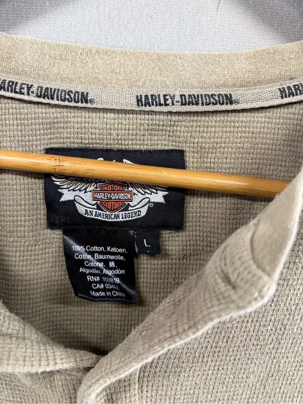 Harley Davidson Henley Shirt Mens Large Green Suede Patch Waffle Cotton - Picture 3 of 8